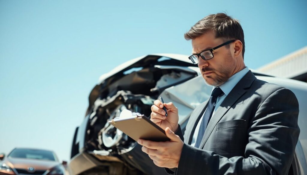 A detailed technical assessment scene focusing on a damaged vehicle after an accident. In the foreground, an experienced automotive technician in professional business attire carefully inspects the car's crushed front bumper, using a clipboard and specialized measuring tools. In the middle ground, the damaged vehicle is shown with a partially crumpled side and shattered glass. Behind, a clear blue sky contrasts with the scene, depicting an outdoor setting of an auto repair shop. The lighting is bright and even, suggesting midday sunlight illuminating the details of the car's damage. The atmosphere is serious and professional, conveying the importance of a thorough technical opinion in accident assessments. A detailed technical assessment scene focusing on a damaged vehicle after an accident. In the foreground, an experienced automotive technician in professional business attire carefully inspects the car's crushed front bumper, using a clipboard and specialized measuring tools. In the middle ground, the damaged vehicle is shown with a partially crumpled side and shattered glass. Behind, a clear blue sky contrasts with the scene, depicting an outdoor setting of an auto repair shop. The lighting is bright and even, suggesting midday sunlight illuminating the details of the car's damage. The atmosphere is serious and professional, conveying the importance of a thorough technical opinion in accident assessments.