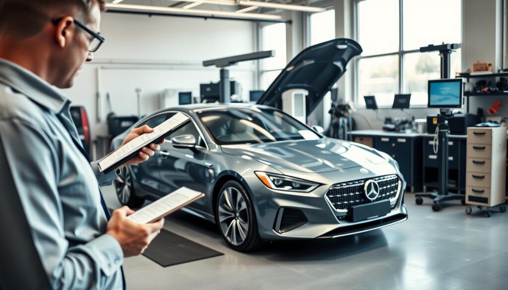 A detailed technical examination of a vehicle, featuring a professional in business attire examining the car's exterior. In the foreground, a mechanic with a clipboard and tools inspects the vehicle closely, taking notes on its condition. The middle ground showcases a sleek, modern car parked in a well-lit, organized garage, with various diagnostic equipment and tools arranged neatly around it. The background displays a large window allowing natural light to stream in, illuminating the scene and casting soft shadows. The overall atmosphere is serious and focused, conveying the meticulous nature of vehicle technical assessments, while the colors are muted with a hint of blue and gray tones, offering a professional and calm mood. A detailed technical examination of a vehicle, featuring a professional in business attire examining the car's exterior. In the foreground, a mechanic with a clipboard and tools inspects the vehicle closely, taking notes on its condition. The middle ground showcases a sleek, modern car parked in a well-lit, organized garage, with various diagnostic equipment and tools arranged neatly around it. The background displays a large window allowing natural light to stream in, illuminating the scene and casting soft shadows. The overall atmosphere is serious and focused, conveying the meticulous nature of vehicle technical assessments, while the colors are muted with a hint of blue and gray tones, offering a professional and calm mood.