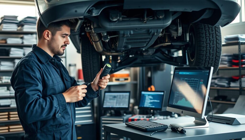 A mechanic inspecting a vehicle in a well-lit workshop, surrounded by tools and equipment. The foreground features a focused mechanic, wearing professional business attire, examining the vehicle's undercarriage with a flashlight, showcasing detailed parts and components. In the middle ground, there are diagnostic tools and a computer displaying technical data on vehicle standards. The background includes shelves filled with car manuals and equipment, framed by soft, natural light streaming through the windows, creating a serious and analytical atmosphere. The overall mood should convey professionalism and diligence in a technical assessment scenario, highlighting the importance of independent vehicle evaluations in resolving disputes over compensation claims. A mechanic inspecting a vehicle in a well-lit workshop, surrounded by tools and equipment. The foreground features a focused mechanic, wearing professional business attire, examining the vehicle's undercarriage with a flashlight, showcasing detailed parts and components. In the middle ground, there are diagnostic tools and a computer displaying technical data on vehicle standards. The background includes shelves filled with car manuals and equipment, framed by soft, natural light streaming through the windows, creating a serious and analytical atmosphere. The overall mood should convey professionalism and diligence in a technical assessment scenario, highlighting the importance of independent vehicle evaluations in resolving disputes over compensation claims.