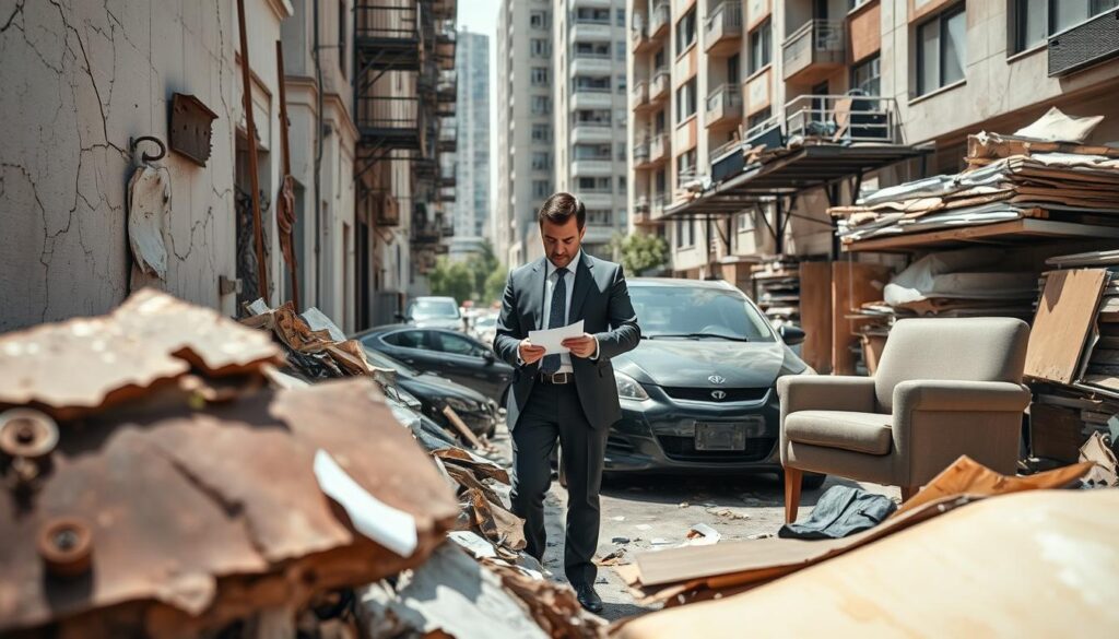 A meticulously arranged photographic documentation of various types of damage, including structural damage to buildings, vehicles, and personal property. The foreground features close-up shots of cracked walls, dented cars, and broken furniture, highlighting details like rust and wear. In the middle ground, a professional wearing business attire examines the damage, taking notes or photographs, emphasizing a serious investigative atmosphere. The background showcases an urban environment with natural daylight filtering through, creating soft shadows for depth. The overall mood is somber yet methodical, conveying the importance of thorough documentation in the context of technical assessments for compensation claims. The lighting is bright but not harsh, capturing the textures and details clearly. The angle is slightly elevated to provide a comprehensive view of the scene. A meticulously arranged photographic documentation of various types of damage, including structural damage to buildings, vehicles, and personal property. The foreground features close-up shots of cracked walls, dented cars, and broken furniture, highlighting details like rust and wear. In the middle ground, a professional wearing business attire examines the damage, taking notes or photographs, emphasizing a serious investigative atmosphere. The background showcases an urban environment with natural daylight filtering through, creating soft shadows for depth. The overall mood is somber yet methodical, conveying the importance of thorough documentation in the context of technical assessments for compensation claims. The lighting is bright but not harsh, capturing the textures and details clearly. The angle is slightly elevated to provide a comprehensive view of the scene.