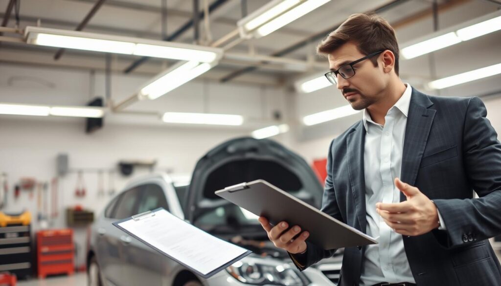 A professional automotive expert assessing vehicle damage stands in the foreground, closely examining a dented car with a clipboard in hand. He wears a smart business suit, showcasing a demeanor of expertise and authority. In the middle ground, a damaged vehicle is parked, its hood open, revealing some internal components. The scene is set in a well-lit garage, with overhead fluorescent lights casting a bright, neutral light. Various tools and equipment are neatly arranged in the background, hinting at a professional environment. The atmosphere is serious and focused, reflecting the important task of evaluating damages for insurance and compensation purposes. The angle captures both the expert and the vehicle's details, emphasizing the assessment process. A professional automotive expert assessing vehicle damage stands in the foreground, closely examining a dented car with a clipboard in hand. He wears a smart business suit, showcasing a demeanor of expertise and authority. In the middle ground, a damaged vehicle is parked, its hood open, revealing some internal components. The scene is set in a well-lit garage, with overhead fluorescent lights casting a bright, neutral light. Various tools and equipment are neatly arranged in the background, hinting at a professional environment. The atmosphere is serious and focused, reflecting the important task of evaluating damages for insurance and compensation purposes. The angle captures both the expert and the vehicle's details, emphasizing the assessment process.