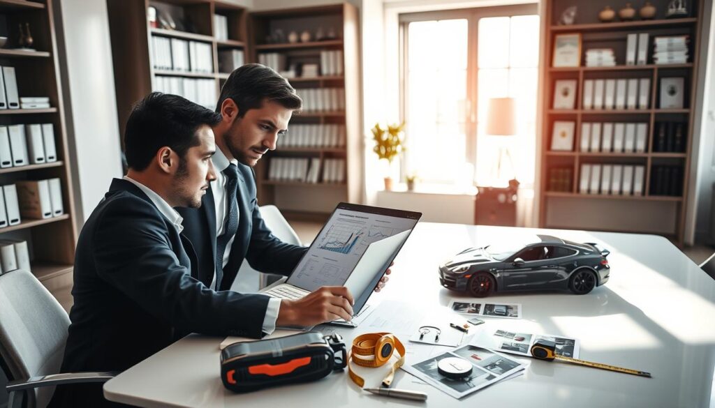 A professional insurance adjuster analyzing a detailed vehicle damage report in an elegant office setting. The foreground features the adjuster, wearing smart business attire, focused on a laptop displaying graphs and data related to damage assessment. In the middle, a sleek, modern desk is cluttered with vehicle inspection tools, a measuring tape, and photographs of the damaged vehicle. The background reveals a softly-lit office with shelves filled with technical manuals and certifications, creating a serious yet contemplative atmosphere. Natural light filters in through a large window, casting soft shadows that enhance the mood of professionalism. An overall tone of diligence and expertise reflects the careful assessment process in insurance claim settlements. A professional insurance adjuster analyzing a detailed vehicle damage report in an elegant office setting. The foreground features the adjuster, wearing smart business attire, focused on a laptop displaying graphs and data related to damage assessment. In the middle, a sleek, modern desk is cluttered with vehicle inspection tools, a measuring tape, and photographs of the damaged vehicle. The background reveals a softly-lit office with shelves filled with technical manuals and certifications, creating a serious yet contemplative atmosphere. Natural light filters in through a large window, casting soft shadows that enhance the mood of professionalism. An overall tone of diligence and expertise reflects the careful assessment process in insurance claim settlements.