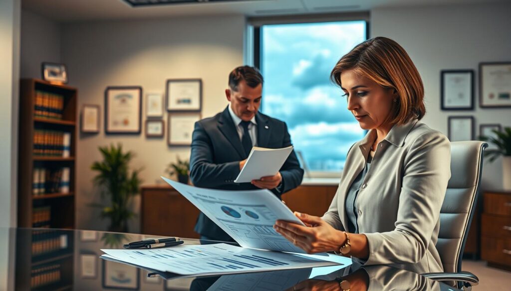 A professional office environment depicting a technical expert analyzing documents related to insurance claims. In the foreground, a focused middle-aged woman in business attire examines a detailed technical report, surrounded by charts and data on a sleek modern desk. The middle layer features a shadowy figure of a male insurance adjuster, debating the findings with a contemplative look. The background consists of a softly-lit office with legal bookshelves, certificates on the wall, and a large window showing a cloudy sky outside, indicating a serious but hopeful atmosphere. The lighting is warm yet professional, creating a sense of trust and diligence in the air, captured from a slightly high angle to emphasize the analysis process. A professional office environment depicting a technical expert analyzing documents related to insurance claims. In the foreground, a focused middle-aged woman in business attire examines a detailed technical report, surrounded by charts and data on a sleek modern desk. The middle layer features a shadowy figure of a male insurance adjuster, debating the findings with a contemplative look. The background consists of a softly-lit office with legal bookshelves, certificates on the wall, and a large window showing a cloudy sky outside, indicating a serious but hopeful atmosphere. The lighting is warm yet professional, creating a sense of trust and diligence in the air, captured from a slightly high angle to emphasize the analysis process.