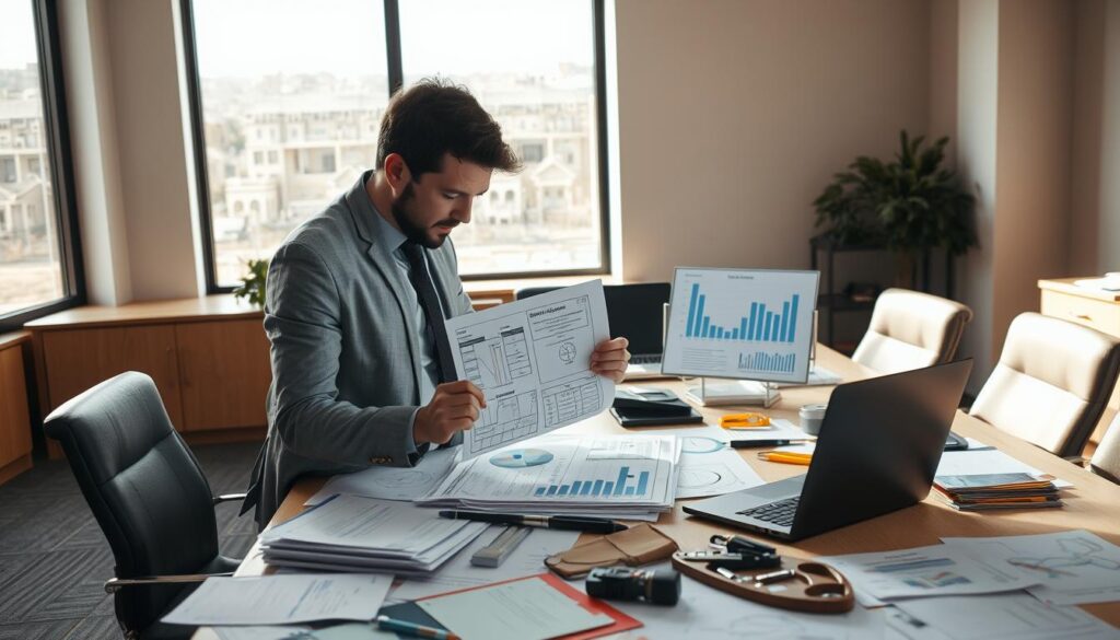 A professional office environment showcasing a detailed damage assessment and repair cost estimate. In the foreground, a well-dressed male and female assessor, examining blueprints and a laptop displaying graphs and charts related to repair costs. The middle contains a large table laden with documents, tools, and materials relevant to damage estimation. The background features a large window letting in soft, natural light that creates a warm and focused atmosphere. The mood is serious yet collaborative, highlighting the importance of technical expertise in determining compensation amounts. The scene should emphasize professionalism and attention to detail, with a clear focus on the interaction between the assessors and the documentation used in the valuation process. A professional office environment showcasing a detailed damage assessment and repair cost estimate. In the foreground, a well-dressed male and female assessor, examining blueprints and a laptop displaying graphs and charts related to repair costs. The middle contains a large table laden with documents, tools, and materials relevant to damage estimation. The background features a large window letting in soft, natural light that creates a warm and focused atmosphere. The mood is serious yet collaborative, highlighting the importance of technical expertise in determining compensation amounts. The scene should emphasize professionalism and attention to detail, with a clear focus on the interaction between the assessors and the documentation used in the valuation process.