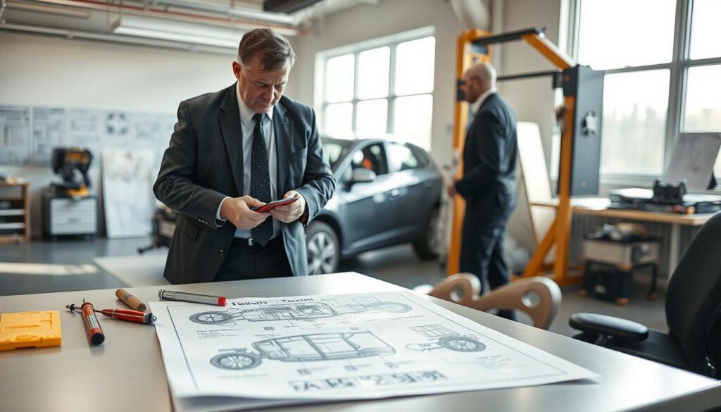 A professional scene depicting a technical expert in Germany evaluating accident damage. In the foreground, a middle-aged man in a business suit is carefully inspecting a damaged vehicle, with tools and measuring equipment beside him. In the middle ground, a clear and detailed diagram of a vehicle layout lies open on a table, showcasing various parts labeled for analysis. The background features a well-lit workshop, with technical posters on the walls and sunlight filtering through large windows, creating a bright atmosphere. The overall mood is serious and focused, emphasizing the importance of technical expertise in accident assessment. The scene should be well-composed, using a 35mm lens perspective to capture the intricacies of the examination process. A professional scene depicting a technical expert in Germany evaluating accident damage. In the foreground, a middle-aged man in a business suit is carefully inspecting a damaged vehicle, with tools and measuring equipment beside him. In the middle ground, a clear and detailed diagram of a vehicle layout lies open on a table, showcasing various parts labeled for analysis. The background features a well-lit workshop, with technical posters on the walls and sunlight filtering through large windows, creating a bright atmosphere. The overall mood is serious and focused, emphasizing the importance of technical expertise in accident assessment. The scene should be well-composed, using a 35mm lens perspective to capture the intricacies of the examination process.