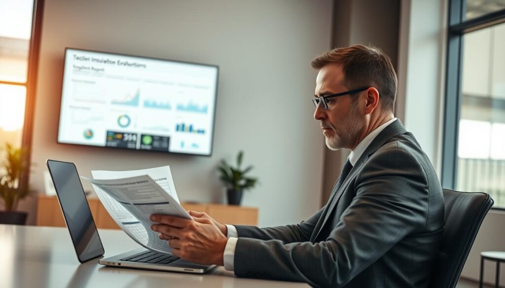 A professional scene in a modern office depicting a German insurance expert evaluating a technical report. In the foreground, a middle-aged man dressed in a tailored suit is sitting at a sleek desk, intently reviewing documents with a focused expression. His laptop is open, displaying complex graphs and statistics. In the middle ground, a wall-mounted screen shows a detailed visual presentation of technical evaluations and claims data. The background features large windows allowing natural light to stream in, illuminating the space with a bright yet soft atmosphere. The setting should convey professionalism and diligence, with hints of corporate décor. The angle should be slightly tilted to emphasize the seriousness of the task at hand and include a warm color palette for a welcoming impression. A professional scene in a modern office depicting a German insurance expert evaluating a technical report. In the foreground, a middle-aged man dressed in a tailored suit is sitting at a sleek desk, intently reviewing documents with a focused expression. His laptop is open, displaying complex graphs and statistics. In the middle ground, a wall-mounted screen shows a detailed visual presentation of technical evaluations and claims data. The background features large windows allowing natural light to stream in, illuminating the space with a bright yet soft atmosphere. The setting should convey professionalism and diligence, with hints of corporate décor. The angle should be slightly tilted to emphasize the seriousness of the task at hand and include a warm color palette for a welcoming impression.