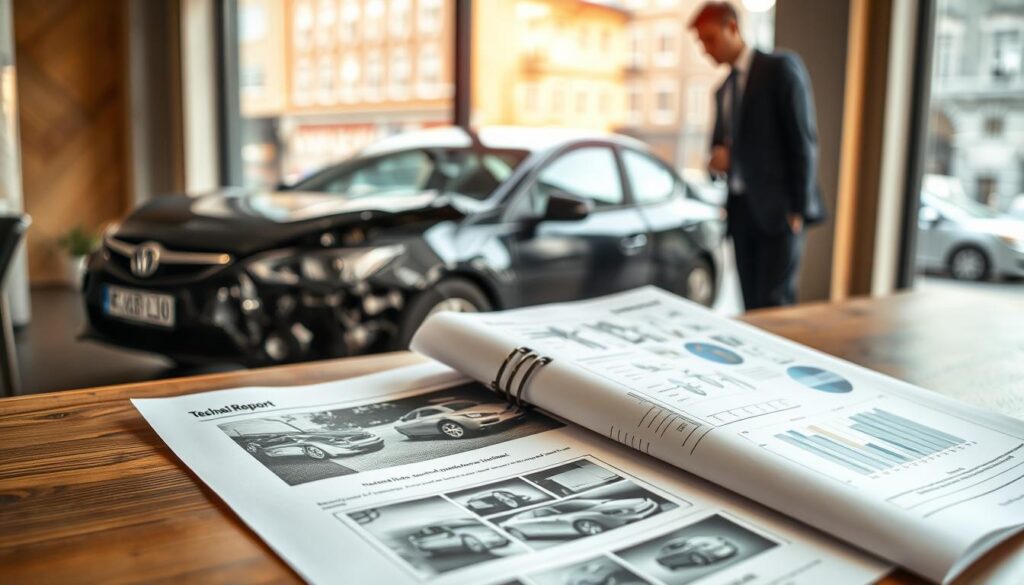 A professional setting depicting a car accident scene in Germany, with a focus on a detailed technical report in the foreground. The report is placed on a wooden desk, featuring diagrams and close-up photographs of vehicle damages. In the middle ground, a well-dressed expert in business attire examines the damaged car, symbolizing the importance of technical evaluations. The background shows a blurred urban street with typical German architecture, hinting at the location. Soft, natural lighting filters through a window, creating a calm and analytical atmosphere, evoking a sense of professionalism and trust in the assessment process. The composition emphasizes the significance of obtaining a technical opinion after a car accident, suitable for an informative article. A professional setting depicting a car accident scene in Germany, with a focus on a detailed technical report in the foreground. The report is placed on a wooden desk, featuring diagrams and close-up photographs of vehicle damages. In the middle ground, a well-dressed expert in business attire examines the damaged car, symbolizing the importance of technical evaluations. The background shows a blurred urban street with typical German architecture, hinting at the location. Soft, natural lighting filters through a window, creating a calm and analytical atmosphere, evoking a sense of professionalism and trust in the assessment process. The composition emphasizes the significance of obtaining a technical opinion after a car accident, suitable for an informative article.