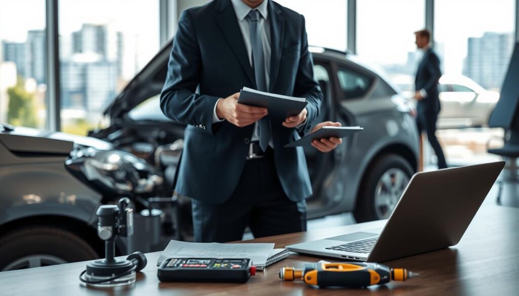 A professional setting depicting a technical expert conducting an assessment in Germany after an accident. In the foreground, a well-dressed technician in a tailored suit examines a damaged vehicle, taking notes on a clipboard. The middle ground features a modern office environment with large windows letting in natural light, showcasing a cityscape outside. Tools and equipment for forensic analysis, including measurement devices and a laptop, are displayed on a table. In the background, a blurred image of a law office emphasizes professionalism. The lighting is bright and clear, highlighting the focus on technical details. The atmosphere is serious and methodical, reflecting the importance of accurate technical expertise in compensation cases. A professional setting depicting a technical expert conducting an assessment in Germany after an accident. In the foreground, a well-dressed technician in a tailored suit examines a damaged vehicle, taking notes on a clipboard. The middle ground features a modern office environment with large windows letting in natural light, showcasing a cityscape outside. Tools and equipment for forensic analysis, including measurement devices and a laptop, are displayed on a table. In the background, a blurred image of a law office emphasizes professionalism. The lighting is bright and clear, highlighting the focus on technical details. The atmosphere is serious and methodical, reflecting the importance of accurate technical expertise in compensation cases.