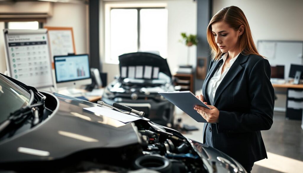 A professional setting depicting a technical expert evaluating vehicle damage post-accident. In the foreground, a focused businesswoman in a tailored suit examines a damaged car with a clipboard in hand. In the middle, various car parts and tools are meticulously arranged, emphasizing the technical aspect of damage assessment. The background showcases an office environment with documents, a computer displaying insurance quotes, and natural light streaming through a window, creating a calm and investigative atmosphere. The scene captures the seriousness and precision of independent damage assessment in the context of insurance claims. The lighting is soft yet illuminating, creating detailed shadows that highlight the texture of the car's damage and the expert's concentration. A professional setting depicting a technical expert evaluating vehicle damage post-accident. In the foreground, a focused businesswoman in a tailored suit examines a damaged car with a clipboard in hand. In the middle, various car parts and tools are meticulously arranged, emphasizing the technical aspect of damage assessment. The background showcases an office environment with documents, a computer displaying insurance quotes, and natural light streaming through a window, creating a calm and investigative atmosphere. The scene captures the seriousness and precision of independent damage assessment in the context of insurance claims. The lighting is soft yet illuminating, creating detailed shadows that highlight the texture of the car's damage and the expert's concentration.