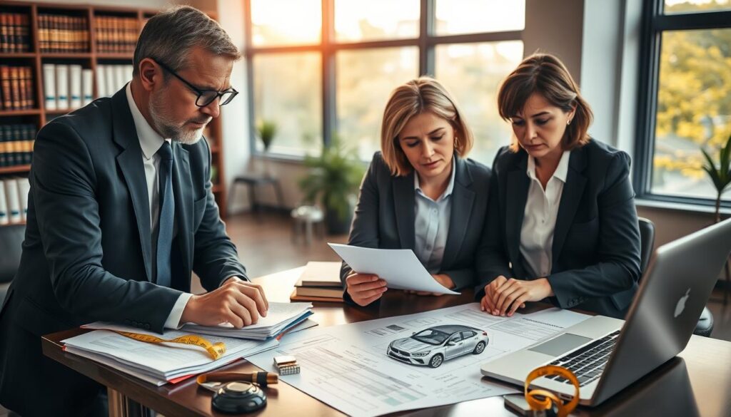 A professional setting depicting an expert assessment for compensation claims. In the foreground, a middle-aged male and female expert, dressed in smart business attire, closely reviewing a technical report with a detailed vehicle diagram on a table. The middle layer features documents, a laptop with analytical data on the screen, and tools of analysis like a measuring tape and notepad scattered around. The background showcases an office with bookshelves filled with legal and technical literature, a soft focus on large windows filtering warm afternoon light, creating a focused and serious atmosphere. The scene conveys a collaborative and analytical mood, emphasizing the importance of expert testimony in compensation proceedings. A professional setting depicting an expert assessment for compensation claims. In the foreground, a middle-aged male and female expert, dressed in smart business attire, closely reviewing a technical report with a detailed vehicle diagram on a table. The middle layer features documents, a laptop with analytical data on the screen, and tools of analysis like a measuring tape and notepad scattered around. The background showcases an office with bookshelves filled with legal and technical literature, a soft focus on large windows filtering warm afternoon light, creating a focused and serious atmosphere. The scene conveys a collaborative and analytical mood, emphasizing the importance of expert testimony in compensation proceedings.