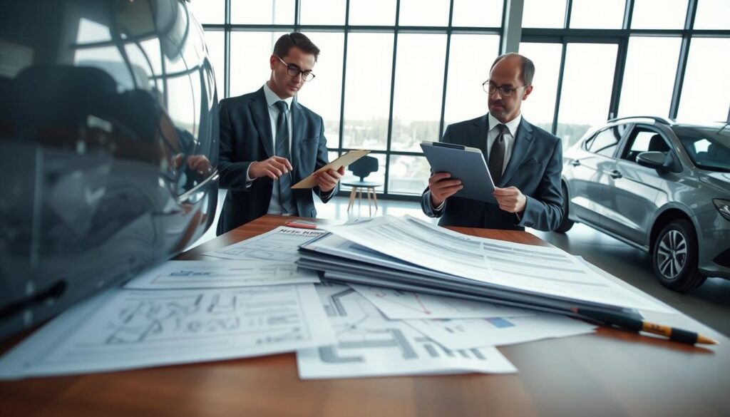 A professional setting depicting an independent appraiser evaluating vehicle damage. In the foreground, a well-dressed appraiser, wearing a suit and glasses, examines a vehicle with visible dents and scratches, using a clipboard and measuring tools. In the middle, scattered documents and technical diagrams related to vehicle assessment lie on a table, illustrating the complexity of damage evaluation. The background features an office environment, with large windows allowing soft daylight to illuminate the space, creating a clear, focused atmosphere. The overall mood is serious and professional, emphasizing the importance of accurate damage assessment in insurance claims. The angle should be slightly elevated, providing a comprehensive view of the scene while drawing attention to the appraiser's meticulous work. A professional setting depicting an independent appraiser evaluating vehicle damage. In the foreground, a well-dressed appraiser, wearing a suit and glasses, examines a vehicle with visible dents and scratches, using a clipboard and measuring tools. In the middle, scattered documents and technical diagrams related to vehicle assessment lie on a table, illustrating the complexity of damage evaluation. The background features an office environment, with large windows allowing soft daylight to illuminate the space, creating a clear, focused atmosphere. The overall mood is serious and professional, emphasizing the importance of accurate damage assessment in insurance claims. The angle should be slightly elevated, providing a comprehensive view of the scene while drawing attention to the appraiser's meticulous work.