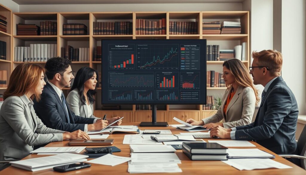 A professional setting depicting an independent insurance valuation analysis. In the foreground, a diverse group of three professionals in business attire is engaged in a discussion around a large table scattered with documents and electronic devices, illustrating a collaborative effort. In the middle ground, a clear view of a large screen displays detailed graphs and figures related to insurance evaluations, enhancing the analytical theme. The background shows shelves filled with books and legal documents, emphasizing the technical knowledge involved. Soft, warm lighting creates a serious yet collaborative atmosphere, while a medium shot angle focuses on the interaction between the professionals. The overall mood conveys diligence and expertise in undermining undervalued insurance assessments through technical advisory. A professional setting depicting an independent insurance valuation analysis. In the foreground, a diverse group of three professionals in business attire is engaged in a discussion around a large table scattered with documents and electronic devices, illustrating a collaborative effort. In the middle ground, a clear view of a large screen displays detailed graphs and figures related to insurance evaluations, enhancing the analytical theme. The background shows shelves filled with books and legal documents, emphasizing the technical knowledge involved. Soft, warm lighting creates a serious yet collaborative atmosphere, while a medium shot angle focuses on the interaction between the professionals. The overall mood conveys diligence and expertise in undermining undervalued insurance assessments through technical advisory.