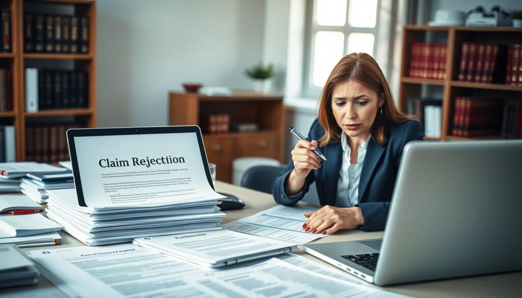 A professional setting featuring a cluttered desk with insurance documents and a laptop open to an email draft titled "Claim Rejection". In the foreground, a concerned businesswoman in a smart business suit examines the documents with a pen in hand, showing determination. In the middle, stacks of papers with various insurance forms, highlighting words like "reklamacja" and "decyzja". The background contains soft-focus shelves filled with legal books and a window with natural light filtering in, creating a calm yet serious atmosphere. The overall mood should convey a sense of urgency and professionalism, emphasizing the need for independent technical expertise in handling insurance disputes.