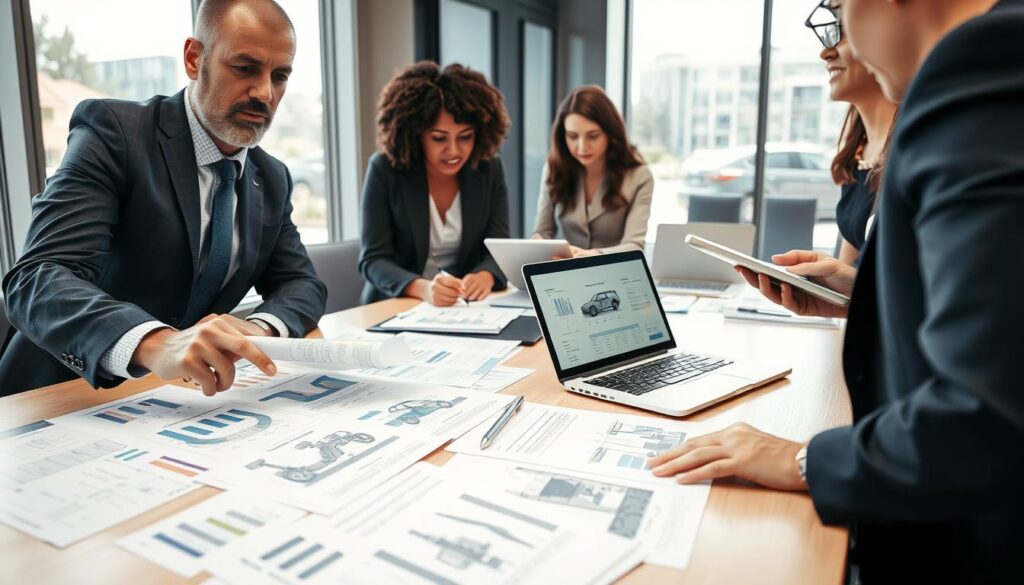 A professional setting showing a team of diverse business professionals analyzing a technical report, with charts and graphs visible on the table. In the foreground, a man in a suit points to a key section of the report, while a woman in a smart dress takes notes on a digital tablet. In the middle, scattered papers and a laptop display detailed technical diagrams related to auto accident assessments. The background features a modern conference room with large windows, allowing natural light to flood in, creating a bright and focused atmosphere. Capture the mood of cooperation and professionalism, reflecting attention to detail and critical analysis. Use a wide-angle lens to emphasize the workspace and create depth in the scene. A professional setting showing a team of diverse business professionals analyzing a technical report, with charts and graphs visible on the table. In the foreground, a man in a suit points to a key section of the report, while a woman in a smart dress takes notes on a digital tablet. In the middle, scattered papers and a laptop display detailed technical diagrams related to auto accident assessments. The background features a modern conference room with large windows, allowing natural light to flood in, creating a bright and focused atmosphere. Capture the mood of cooperation and professionalism, reflecting attention to detail and critical analysis. Use a wide-angle lens to emphasize the workspace and create depth in the scene.