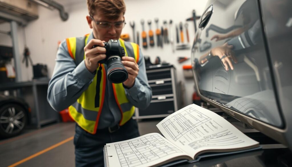 A professional setting where a technician is documenting vehicle damage for a technical inspection. In the foreground, the technician, dressed in a business shirt and safety vest, is taking close-up photographs of scratches and dents on a car's side panel with a DSLR camera. In the middle ground, an open notebook with sketches of damage measurements and notes lies next to the car, illuminated by soft, natural light. The background features a clean, organized garage with tools neatly arranged on a wall, creating a sense of professionalism and thoroughness. The atmosphere is serious and focused, evoking a sense of importance in documenting vehicle conditions. The angle is slightly tilted downwards to capture both the technician's actions and the vehicle details effectively. A professional setting where a technician is documenting vehicle damage for a technical inspection. In the foreground, the technician, dressed in a business shirt and safety vest, is taking close-up photographs of scratches and dents on a car's side panel with a DSLR camera. In the middle ground, an open notebook with sketches of damage measurements and notes lies next to the car, illuminated by soft, natural light. The background features a clean, organized garage with tools neatly arranged on a wall, creating a sense of professionalism and thoroughness. The atmosphere is serious and focused, evoking a sense of importance in documenting vehicle conditions. The angle is slightly tilted downwards to capture both the technician's actions and the vehicle details effectively.