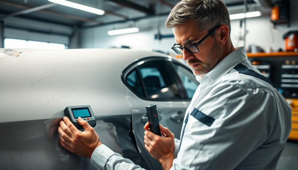 A skilled independent automotive expert carefully examines the damage of a car in a well-lit garage. In the foreground, the expert, dressed in professional attire, is using a digital measuring tool to assess deep scratches on the vehicle’s side panel. The middle layer features the damaged car, showcasing visible dents and scratches, highlighting the contrast between the car's original paint and the distressed areas. The background shows various tools and machinery organized neatly, suggesting a professional work environment. The lighting is bright and focused on the car to emphasize the damage, creating a serious and analytical atmosphere, while soft shadows add depth to the scene. The overall composition conveys professionalism and expertise in automotive damage assessment. A skilled independent automotive expert carefully examines the damage of a car in a well-lit garage. In the foreground, the expert, dressed in professional attire, is using a digital measuring tool to assess deep scratches on the vehicle’s side panel. The middle layer features the damaged car, showcasing visible dents and scratches, highlighting the contrast between the car's original paint and the distressed areas. The background shows various tools and machinery organized neatly, suggesting a professional work environment. The lighting is bright and focused on the car to emphasize the damage, creating a serious and analytical atmosphere, while soft shadows add depth to the scene. The overall composition conveys professionalism and expertise in automotive damage assessment.