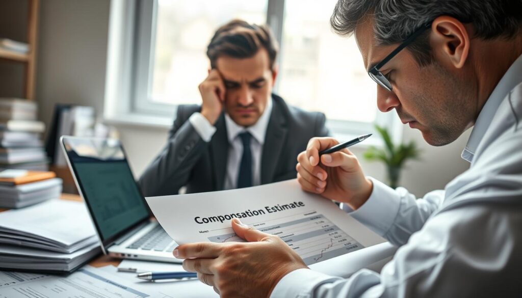 A worried individual in professional attire sits at a desk covered with paperwork, closely examining a printed document labeled "Compensation Estimate." The foreground shows their furrowed brow and intense focus, as they hold a pen poised over the document. In the middle of the scene, a laptop displays graphs and figures reflecting a lower than expected compensation amount. In the background, a window casts soft, natural daylight that creates a calm ambiance in the office, filled with subtle hints of insurance books and notes scattered around. The atmosphere conveys concern and determination, highlighting the struggle to understand and address the undervalued compensation claim. The image captures a moment of reflection and assessment with a professional, serious mood. A worried individual in professional attire sits at a desk covered with paperwork, closely examining a printed document labeled "Compensation Estimate." The foreground shows their furrowed brow and intense focus, as they hold a pen poised over the document. In the middle of the scene, a laptop displays graphs and figures reflecting a lower than expected compensation amount. In the background, a window casts soft, natural daylight that creates a calm ambiance in the office, filled with subtle hints of insurance books and notes scattered around. The atmosphere conveys concern and determination, highlighting the struggle to understand and address the undervalued compensation claim. The image captures a moment of reflection and assessment with a professional, serious mood.